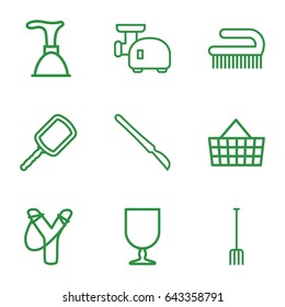 Handle icons set. set of 9 handle outline icons such as mirror, plunger, clean brush, pitchfork, fragile cargo, scalpel, meat grinder, sligshot