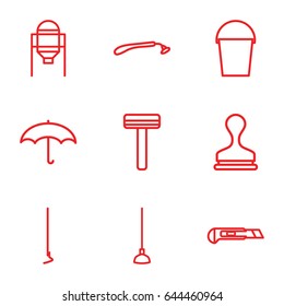 Handle icons set. set of 9 handle outline icons such as tank, razor, stamp, hoe, cutter, bucket