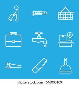 Handle icons set. set of 9 handle outline icons such as man with luggage, dustpan, saw, tap, cutter, lugagge weight, case