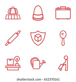 Handle icons set. set of 9 handle outline icons such as man with luggage, luggage belt, mirror, bag, watering can, cargo insurance, lugagge weight, dough pin
