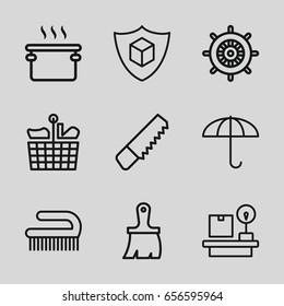 Handle icons set. set of 9 handle outline icons such as helm, clean brush, saw, brush, cargo insurance, lugagge weight, umbrella, pan