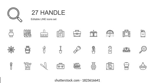 handle icons set. Collection of handle with briefcase, vase, brush, razor, bucket, paint brush, doorknob, pot, flashlight, shovel, rudder. Editable and scalable handle icons.
