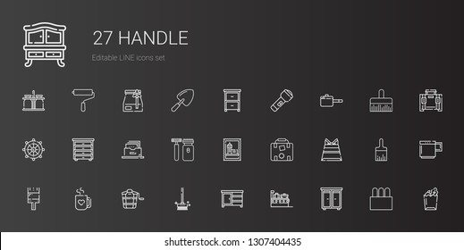 handle icons set. Collection of handle with drawer, suitcase, brushes, bucket, mug, paint brush, paper bag, luggage, stamp, shaver, filing cabinet. Editable and scalable handle icons.