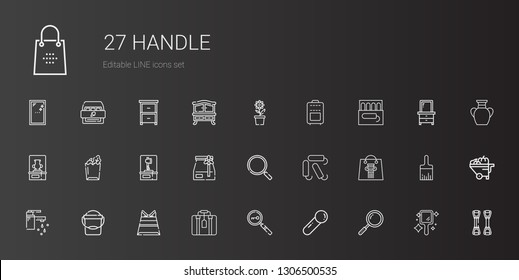 handle icons set. Collection of handle with loupe, scoop, suitcase, paper bag, bucket, tap, shopping bag, tampon, axe, vase, pot, chest expander. Editable and scalable handle icons.