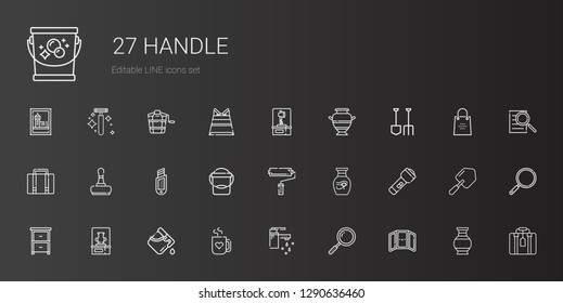 handle icons set. Collection of handle with mirror, loupe, tap, mug, bucket, vase, drawer, flashlight, paint roller, cutter, stamp, luggage. Editable and scalable handle icons.