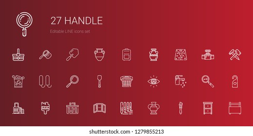 handle icons set. Collection of handle with paint brush, vase, brushes, mirror, shopping basket, brush, suitcase, tap, searching, basket, scoop. Editable and scalable handle icons.