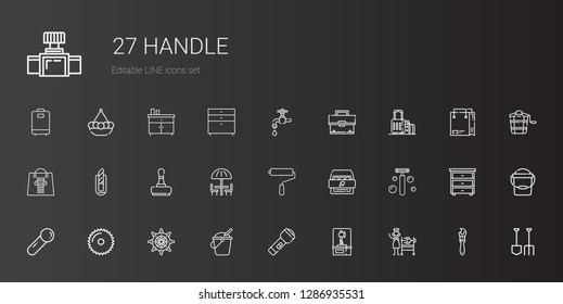 handle icons set. Collection of handle with rotisserie, axe, flashlight, bucket, rudder, saw, scoop, razor, cabinet, paint roller, umbrella. Editable and scalable handle icons.