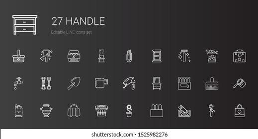 handle icons set. Collection of handle with saw, tampon, pot, basket, luggage, vase, tote bag, drawer, trowel, mug, shovel, chest expander. Editable and scalable handle icons.