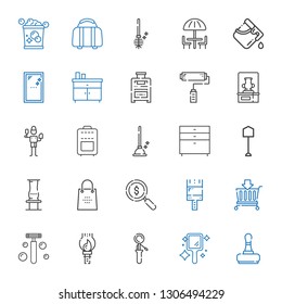handle icons set. Collection of handle with stamp, hand mirror, scoop, paint brush, razor, basket, loupe, shopping bag, vase, shovel, chest of drawers. Editable and scalable handle icons.