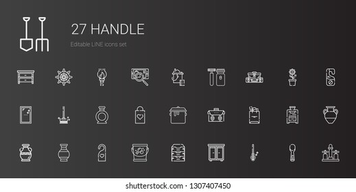 handle icons set. Collection of handle with toilet brush, drawer, archive, bucket, doorknob, vase, tote bag, briefcase, pot, shopping bag. Editable and scalable handle icons.