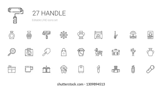 handle icons set. Collection of handle with valve, brush, luggage, sand, milk jar, mug, chest of drawers, briefcase, rotisserie, bucket, shopping bag. Editable and scalable handle icons.