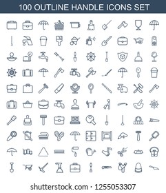 handle icons. Trendy 100 handle icons. Contain icons such as dustpan, bag, sligshot, cutter, pitchfork, case, plunger, hammer, wheel barrow, shovel. handle icon for web and mobile.