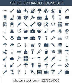 handle icons. Trendy 100 handle icons. Contain icons such as luggage, scalpel, paint roller, suitcase, luggage storage, roller, hoe, mirror, plunger. handle icon for web and mobile.