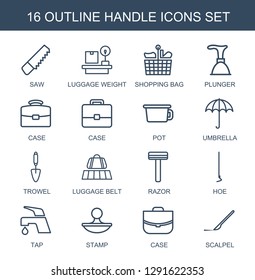 handle icons. Trendy 16 handle icons. Contain icons such as saw, luggage weight, shopping bag, plunger, case, pot, umbrella, trowel, luggage belt. handle icon for web and mobile.