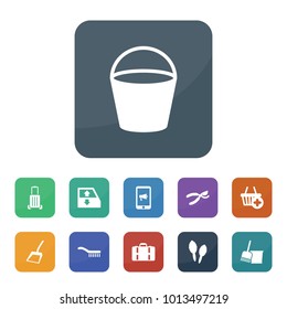 Handle icons. vector collection filled handle icons such as secateurs, car window lift, bucket, bucket and broom, scoop, brush, luggage, maracas, megaphone on display