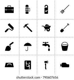 Handle icons. vector collection filled handle icons. includes symbols such as pitchfork, wheelbarrow, shovel, gearbox, robot transmission. use for web, mobile and ui design.