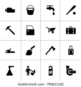 Handle icons. vector collection filled handle icons. includes symbols such as axe, water pump, car door, gearbox, water tap, plunger. use for web, mobile and ui design.