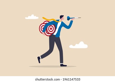 Handle multiple businesses simultaneously, multi purpose or multitasking, side hustle or side job concept, confident businessman carrying many dartboard target.