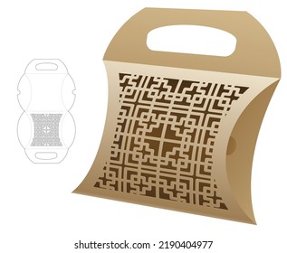 Handle pillow box with stenciled pattern die cut template and 3D mockup