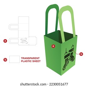 handle popcorn container with Christmas sock window die cut template and 3D mockup