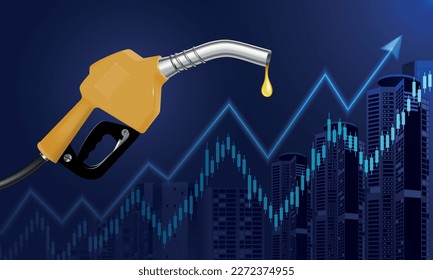 Manejar la boquilla de la bomba con gota de oro de gas de combustible en la gráfica de crecimiento de precios ilustración de fondo realista