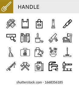 handle simple icons set. Contains such icons as Shovel, Saw, Plastic bag, Shopping bag, Flashlight, Scalpel, Search, Drawers, Brush, Hand saw, can be used for web, mobile and logo