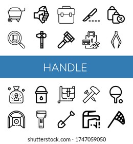 handle simple icons set. Contains such icons as Wheelbarrow, Search, Axe, Bag, Razor, Scalpel, Shopping bag, Tweezers, Net, Water bucket, can be used for web, mobile and logo