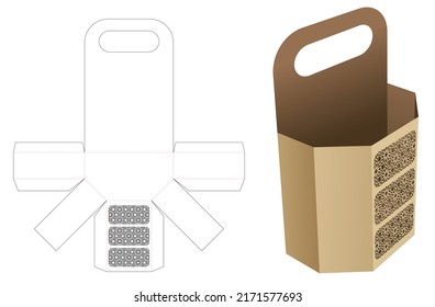 Handle snack container with stenciled Arabic pattern die cut template and 3D mockup