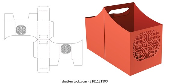 Handle Twin Curved Edge Snack Container With Stenciled Pattern Die Cut Template And 3D Mockup