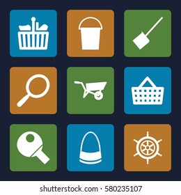 handle vector icons. Set of 9 handle filled icons such as wheel barrow, mirror, dustpan, bucket, bag, table tennis, helm