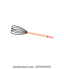 Handle wire whisk vector flat illustration. Whisk with wooden handle cartoon isolated on white background. Kitchen utensils for mixing, whisking. Cooking tool, kitchenware