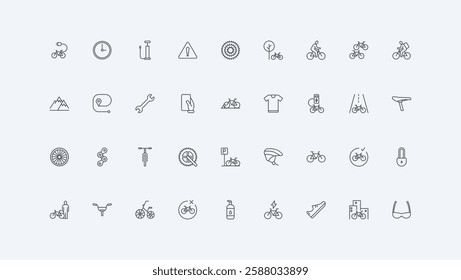 Handlebar and chain, brake and pump thin black outline symbols vector illustration. Bicycle and bike parts, tools of repair and maintenance service, cycling and gears of cyclist line icon set