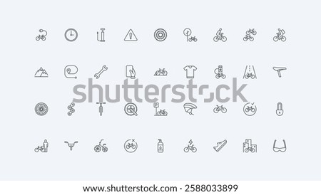 Handlebar and chain, brake and pump thin black outline symbols vector illustration. Bicycle and bike parts, tools of repair and maintenance service, cycling and gears of cyclist line icon set
