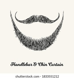 Handlebar mustache, Chin Curtain beard. Men hairstyle for barber shop