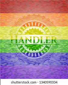 Handler on mosaic background with the colors of the LGBT flag