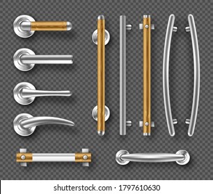 Handles For Doors Or Windows, Metal And Wooden Architectural Details, Modern Interior Design Accessories. Steel And Wood Furniture Holders With Rods And Locks. Realistic 3d Vector Isolated Icons Set