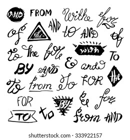 Hand-lettered ampersands and catchwords: for, from, and, the, by, with, to. Vector hand sketched collection isolated on white background. Decorative elements for your design.