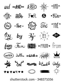 Hand-lettered ampersands and catchwords. Hand drawn Vintage Style words for Logo and Label Design. Vector words: for, from, and, the, by, on, at, with.