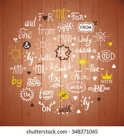 Hand-lettered ampersands and catchwords. Hand drawn Vintage Style words for Logo and Label Design. Vector words: for, from, and, the, by, on, at, with.