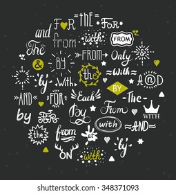 Hand-lettered ampersands and catchwords. Hand drawn Vintage Style words for Logo and Label Design. Vector words: for, from, and, the, by, on, at, with.