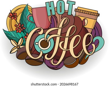 Caligrafía con letras de mano: café. Estilo doodle, café caliente, taza, olas, granos de café. Ilustración vectorial. Para afiches, afiches, diseño de cafés, restaurantes, menús, pancartas