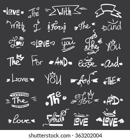 Hand-lettered catchwords - the,  for, and,  with ,and. Vector decoration collection.   