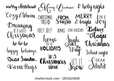 Hand-lettered Christmas inscriptions. Ideal for greeting cards, posters, invitations, web sites, posts in social media, flyers, booklets, banners, certificates, bags, packaging, decorations.