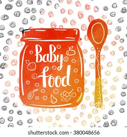 Hand-lettered  a colorful poster with advertising of baby food in a jar. Vector illustration