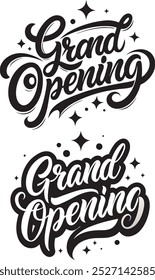 Diseño con letras a mano con la frase 'Grand Opening' en elegante conjunto de caligrafía de pincel de tinta negra