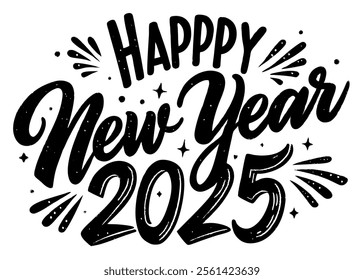 Hand-lettered Happy New Year text with sketchy firework 