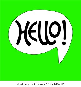 Hand-lettered Hello phrase in white bubble on green background for sticker, card, t-shirt, banner, social media
