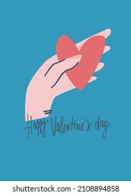 Hand-lettered phrase Happy Valentine's Day and a hand holding a heart. Retro 60s, 70s design. Vector element for greeting card, social media post. Love, Romance, Valentines Day concept