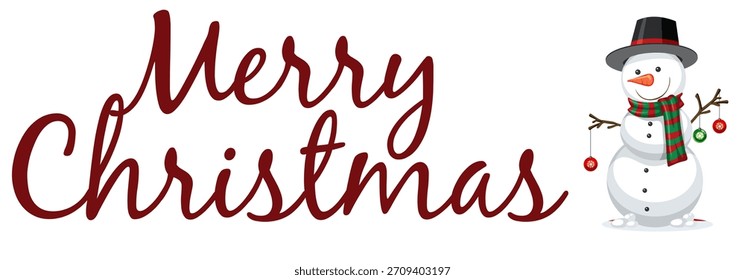 Hand-lettered red “Merry Christmas” design with a cheerful snowman in winter clothing. Great for cards, tags, packaging and holiday branding.