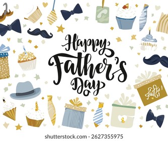 Hand-lettered “Happy Father’s Day” with stylish decorations and calligraphy. Perfect for greeting cards, posters, social media, and celebration designs honoring dads.